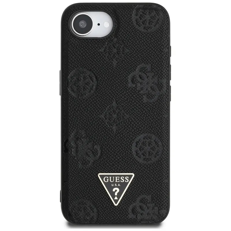 Guess Grained Hot Stamp Peony Triangle Logo MagSafe – Dėklas iPhone 16e telefonui (juodas)