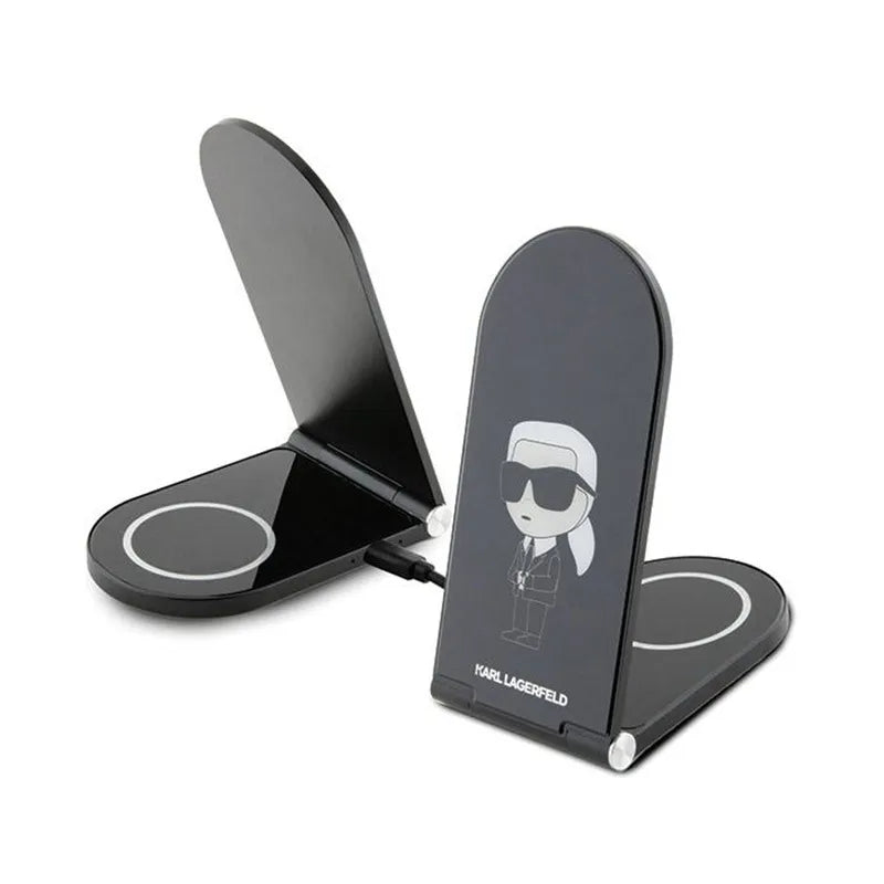 Karl Lagerfeld Ikonik MagSafe – sulankstomas 2 viename indukcinis įkroviklis su MagSafe, skirtas iPhone ir AirPods 15 W (juodas)