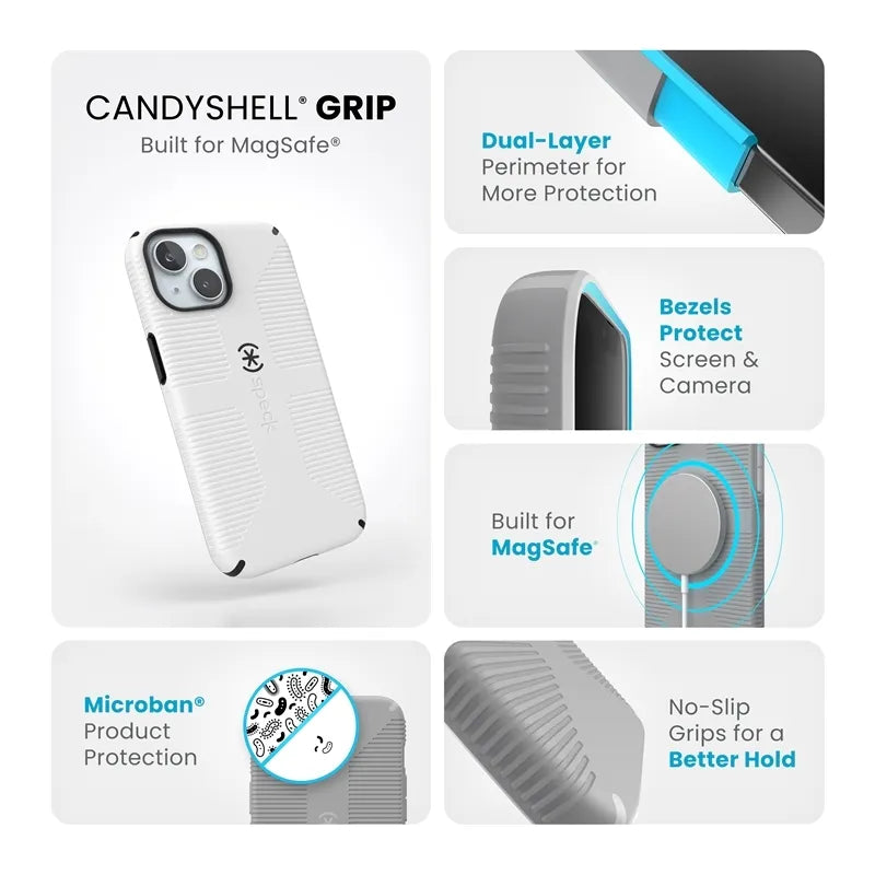 Speck Candyshell Grip MagSafe – dėklas, skirtas iPhone 17e / 16e / 15 / 14 / 13 (baltas / juodas)