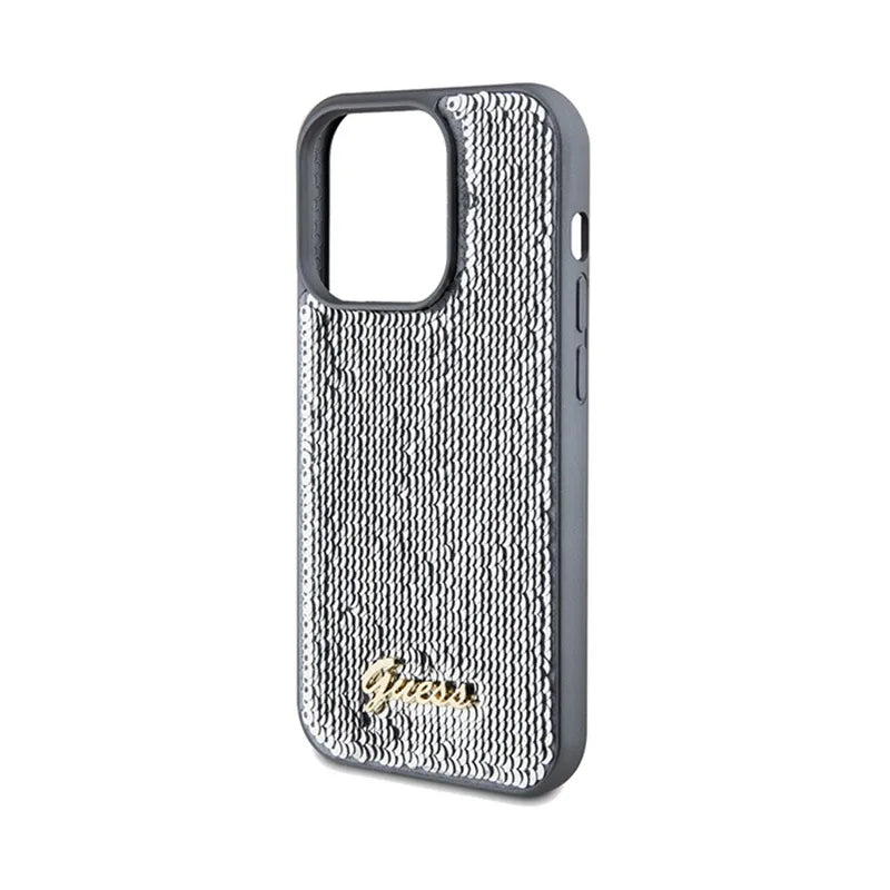 Guess Sequin Script Metal – dėklas „iPhone 14 Pro Max“ (sidabrinis)