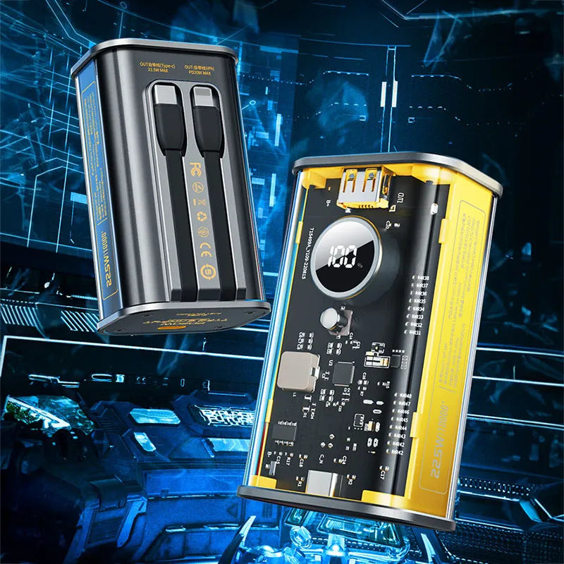 WEKOME WP-345 Vanguard Series – 10000 mAh išorinė baterija, greitas įkrovimas su integruotu USB-C ir Lightning PD 20W laidu + QC 22.5W (geltona)