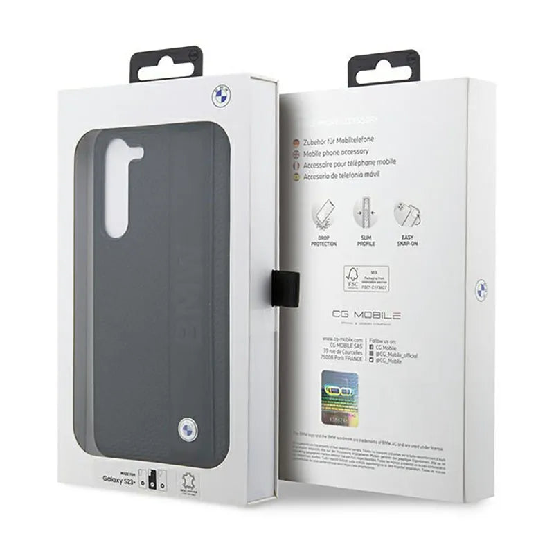 BMW Leather Textured & Stripe – dėklas Samsung Galaxy S23+ (juodas)
