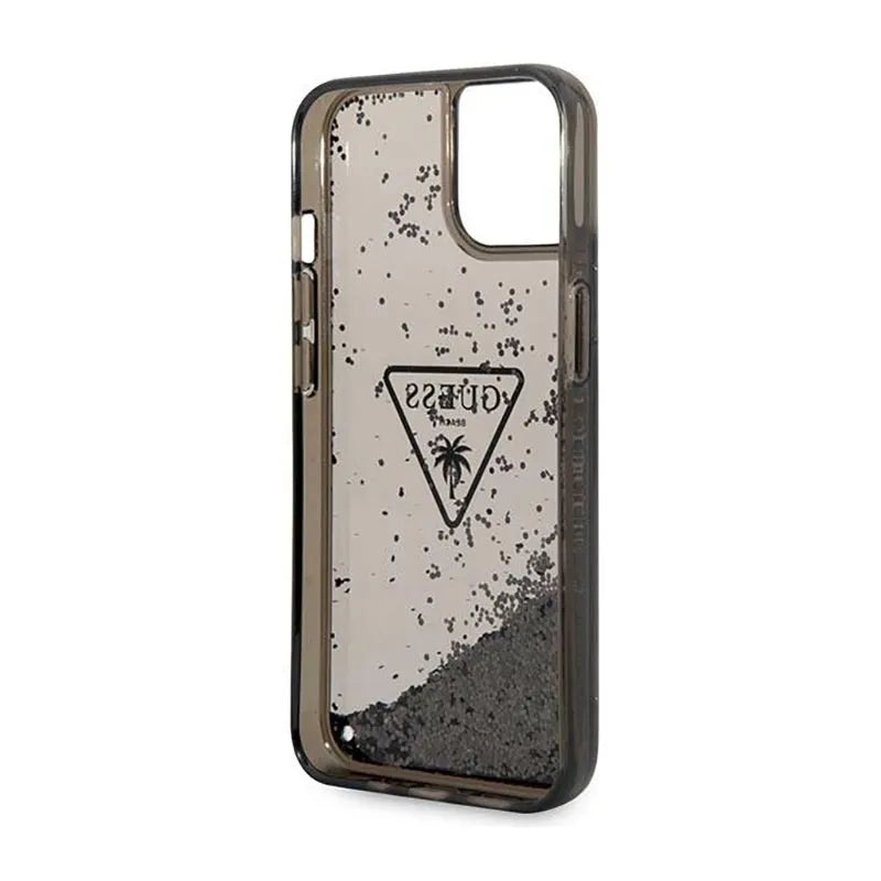 Guess Liquid Glitter Triangle Logo dėklas - Dėklas iPhone 14 Plus (Juodas)