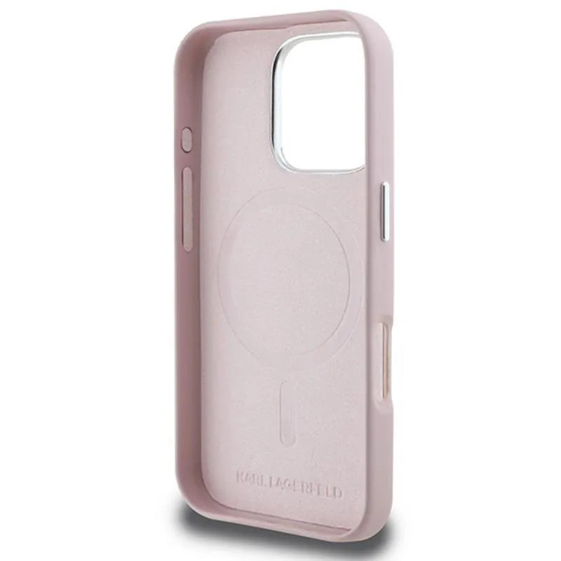 Karl Lagerfeld FW Metal Plate MagSafe - dėklas iPhone 16 Pro (rožinis)