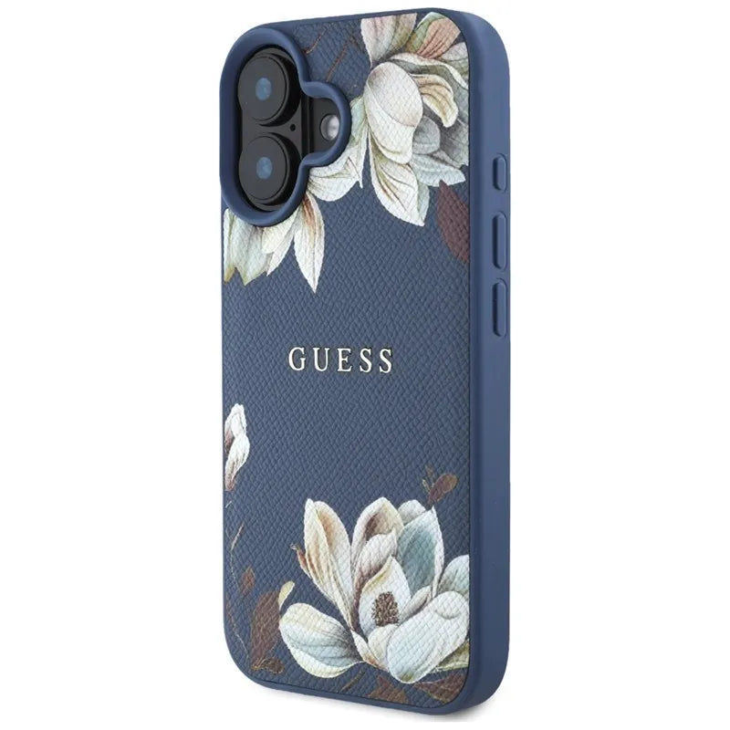 „Guess Grained Printed Flower Pattern MagSafe“ – dėklas „iPhone 16“ (mėlynas)