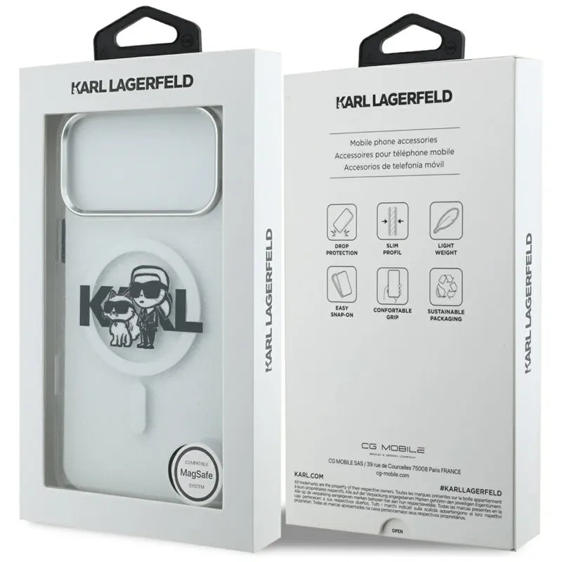 Karl Lagerfeld IML Glitter Karl & Choupette Sketch Logo MagSafe – dėklas iPhone 17 Pro Max (skaidrus)