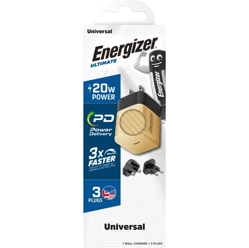 Energizer Ultimate - kelių jungčių ES / JK / JAV GaN 20 W PD tinklo įkroviklis (auksinis)