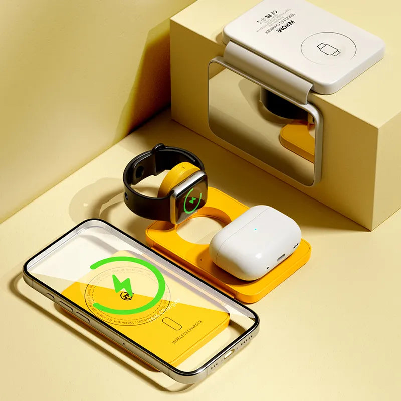 WEKOME WP-U172 – 3-in-1 belaidis įkroviklis su „MagSafe“, skirtas „iPhone“, „Apple Watch“ ir „AirPods“ + veidrodis (geltonas)