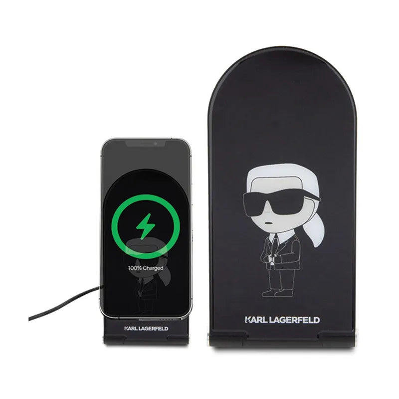 Karl Lagerfeld Ikonik MagSafe – sulankstomas 2 viename indukcinis įkroviklis su MagSafe, skirtas iPhone ir AirPods 15 W (juodas)