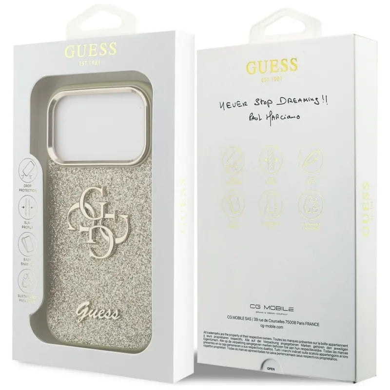 Guess Fixed Glitter Big 4G Metal Frame – Dėklas iPhone 17 Pro (auksinis)