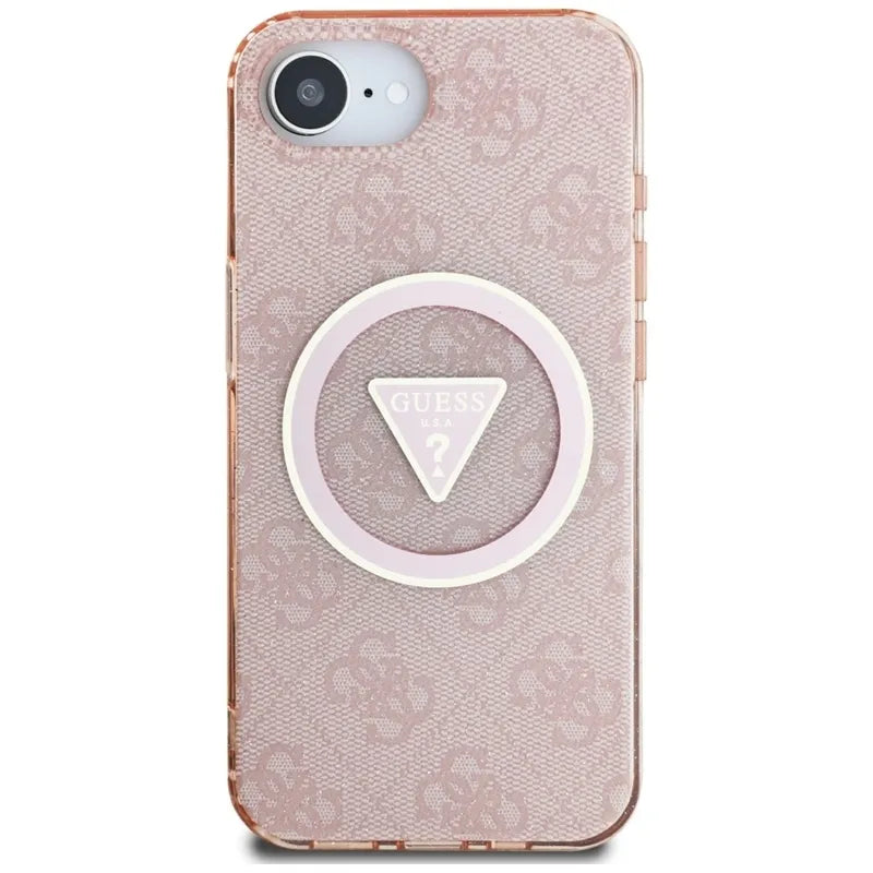Guess IML Metal Glitter 4G Circle Triangle MagSafe – dėklas iPhone 16e (rožinis)