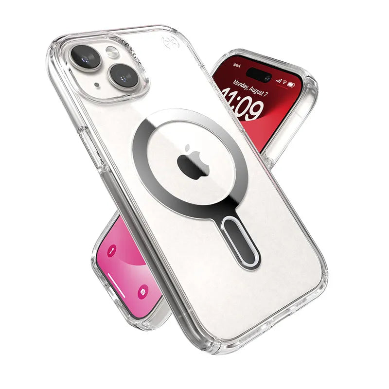 Speck Presidio Perfect-Clear ClickLock & MagSafe dėklas - iPhone 17e / 16e / 15 / 14 / 13 (Skaidrus / Chromuota apdaila / Serene Silver)