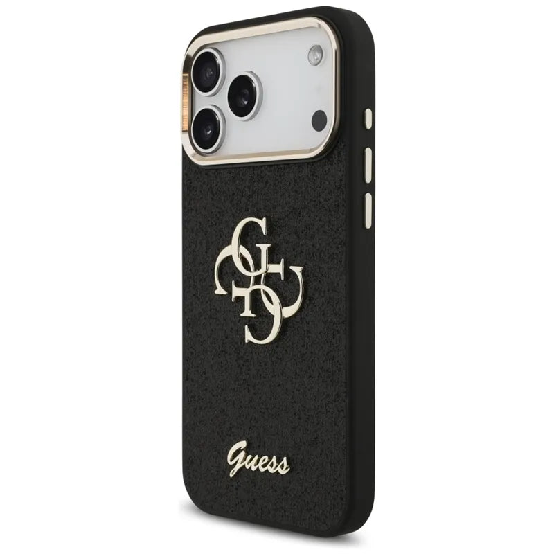 „Guess Fixed Glitter Big 4G Metal Frame“ – dėklas „iPhone 17 Pro Max“ (juodas)