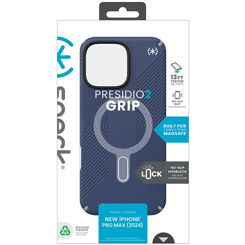 Speck Presidio2 Grip ClickLock & MagSafe – dėklas iPhone 16 Pro Max (Coastal Blue / Dust Gray / White)