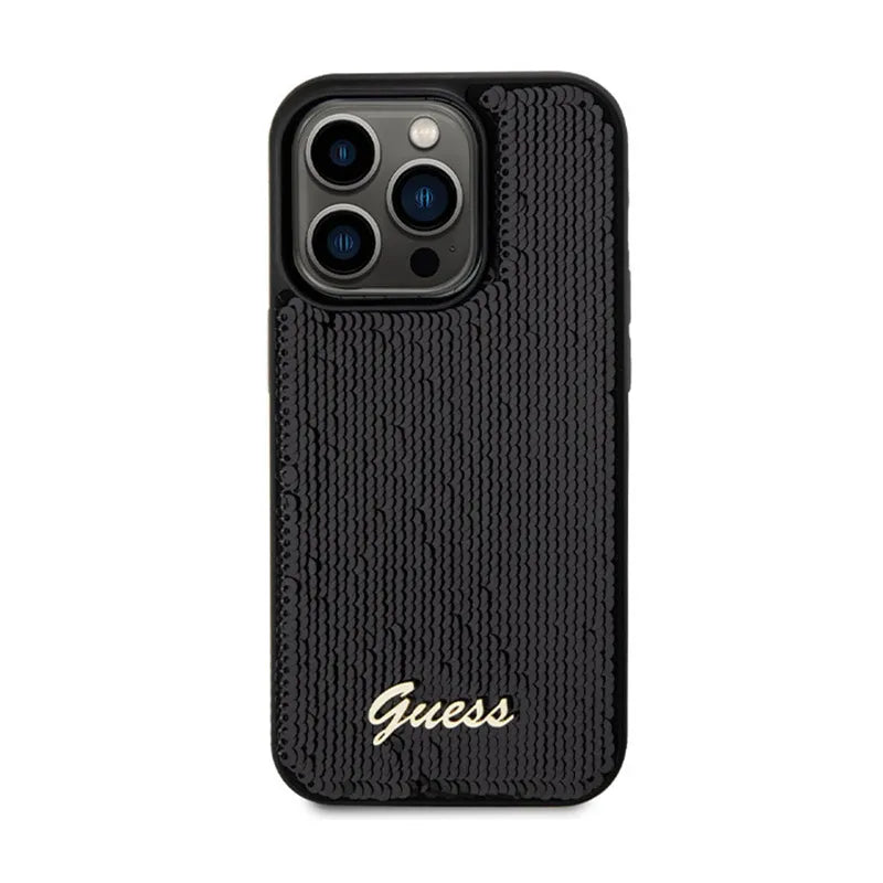 Guess Sequin Script Metal dėklas, skirtas iPhone 13 Pro Max (juodas)