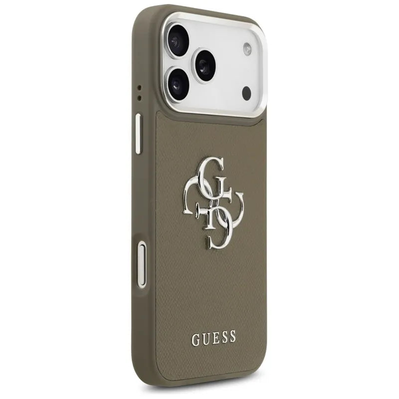 Guess Grained Big 4G Classic Logo – dėklas, skirtas iPhone 17 Pro Max (rudas)