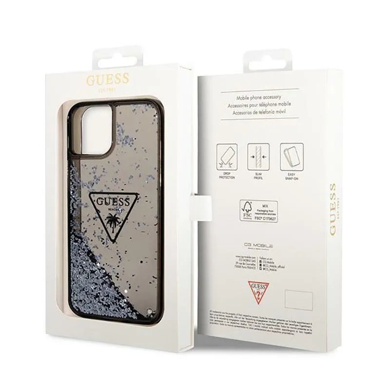 Guess Liquid Glitter Triangle Logo dėklas - Dėklas iPhone 14 Plus (Juodas)