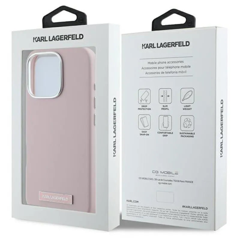 Karl Lagerfeld FW Metal Plate MagSafe - dėklas iPhone 16 Pro (rožinis)
