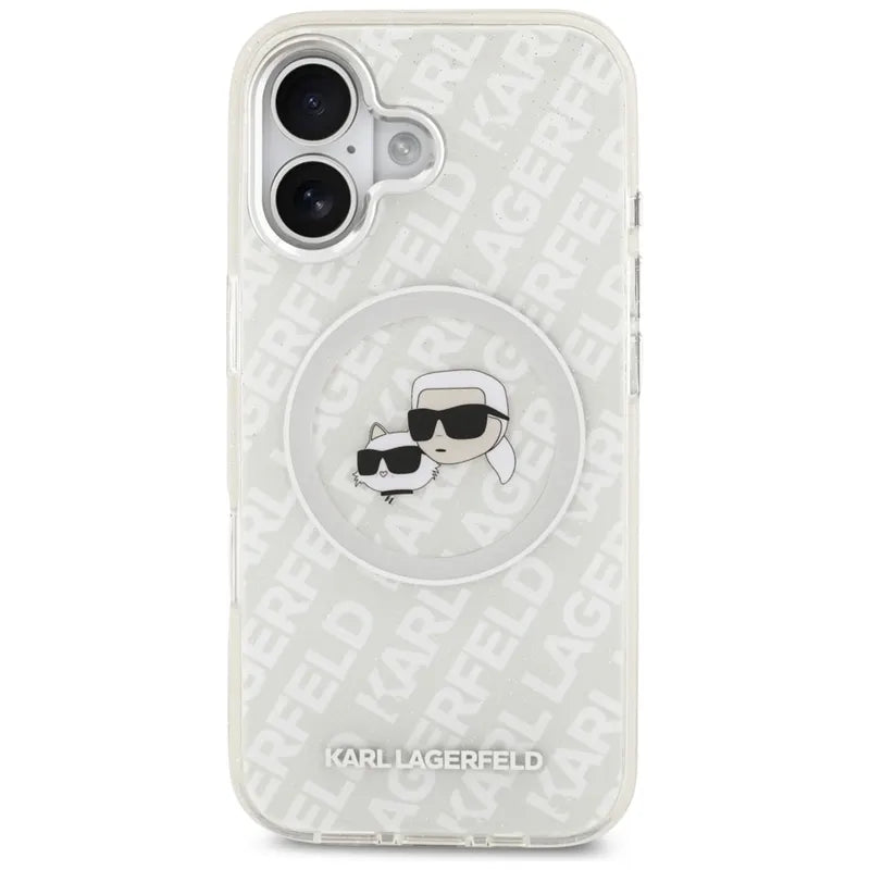Karl Lagerfeld IML Glitter Karl & Choupette Heads Logo MagSafe dėklas iPhone 17 (pilkas)