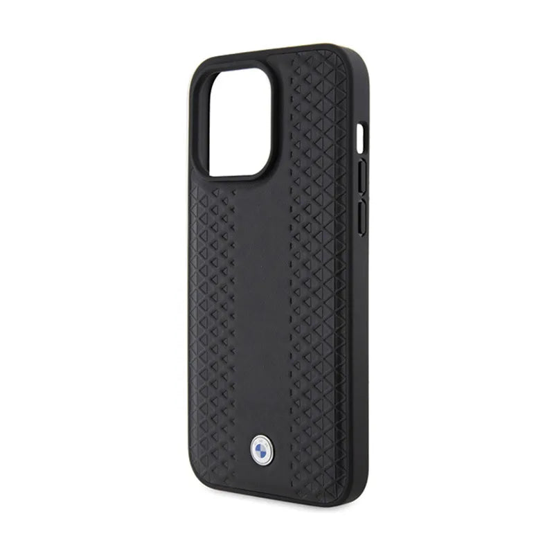 BMW odinis dėklas su rombų raštu – skirtas iPhone 15 Pro (juodas)