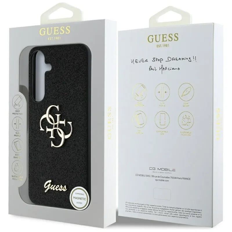 Guess Fixed Glitter Big 4G Metal Logo – dėklas Samsung Galaxy S25+ (juodas)