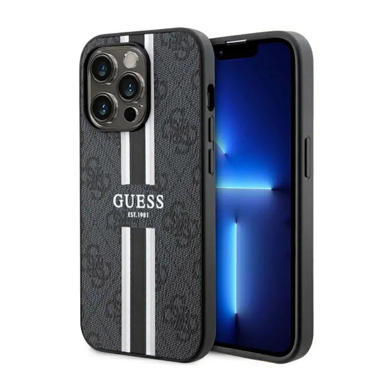 Guess 4G Printed Stripes MagSafe – Dėklas, skirtas iPhone 14 Pro (juodas)