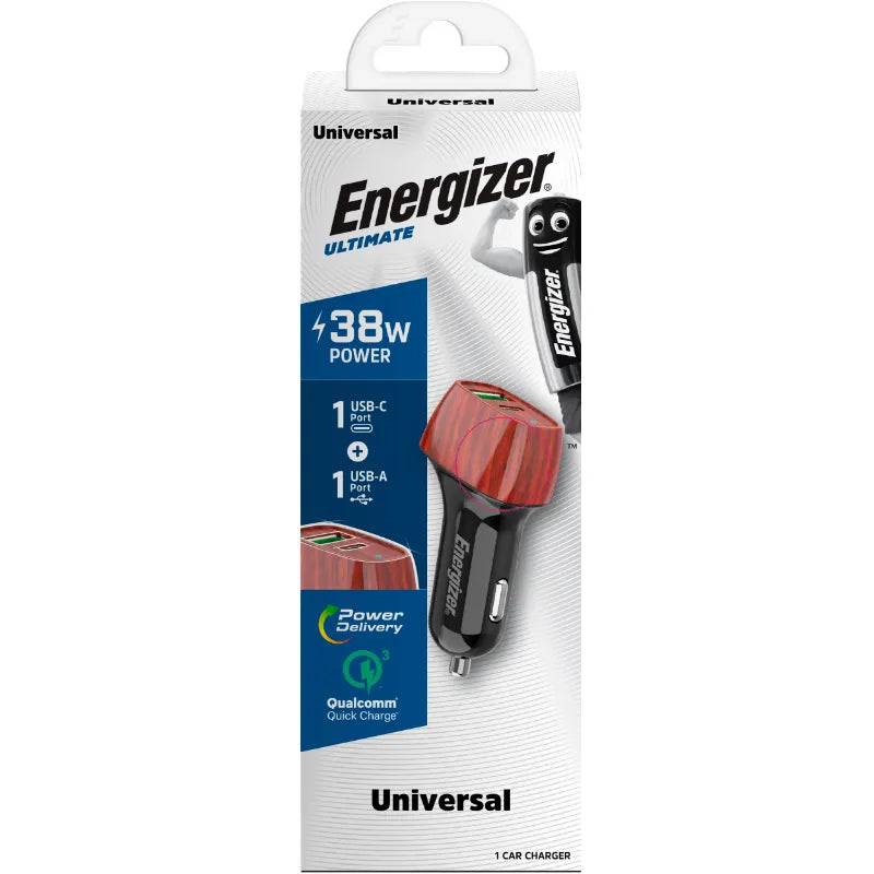 Energizer Ultimate – USB-C ir USB-A 38W PD + QC3.0 automobilinis įkroviklis (WALNUT)