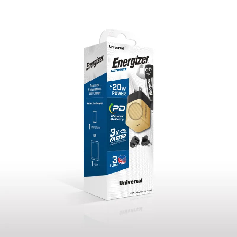 Energizer Ultimate - kelių jungčių ES / JK / JAV GaN 20 W PD tinklo įkroviklis (auksinis)