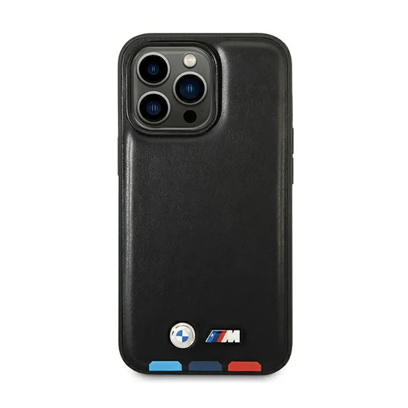 BMW Leather Hot Stamp Tricolor MagSafe – dėklas iPhone 14 Pro (juodas)