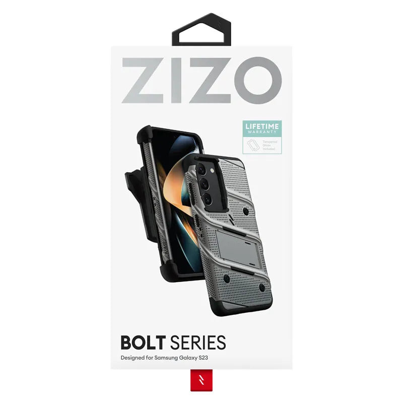 ZIZO BOLT serija – šarvuotas dėklas Samsung Galaxy S23 su 9H ekrano stiklu + laikiklis su stovu (pilkas)