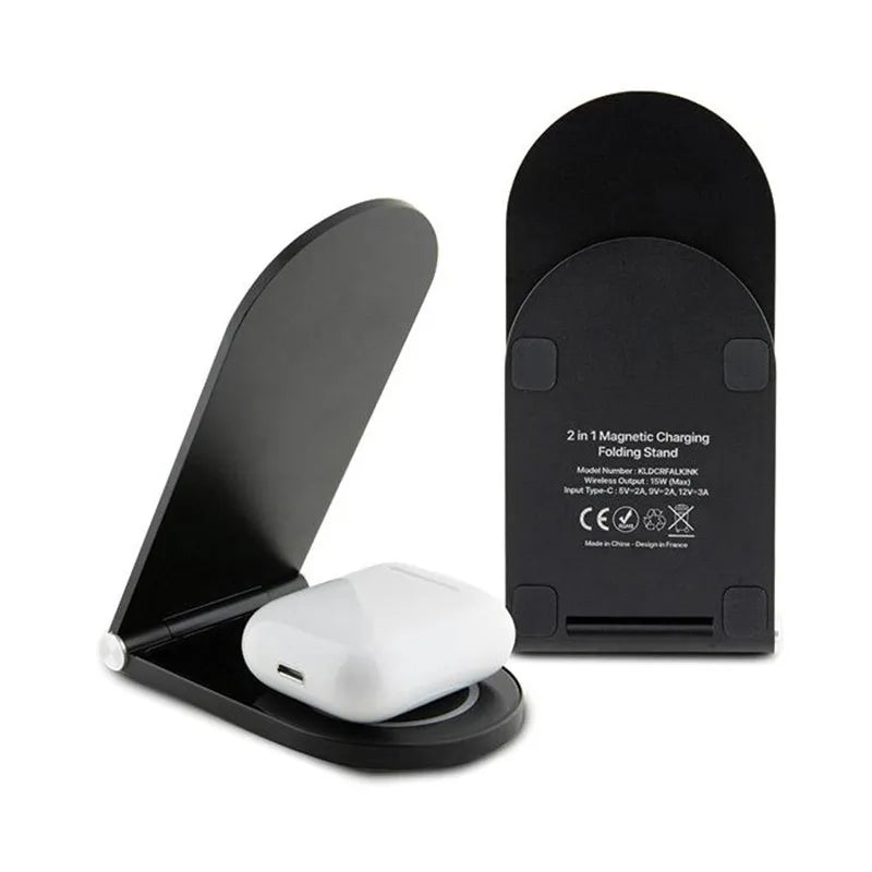 Karl Lagerfeld Ikonik MagSafe – sulankstomas 2 viename indukcinis įkroviklis su MagSafe, skirtas iPhone ir AirPods 15 W (juodas)