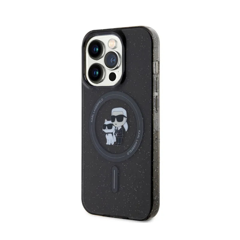Karl Lagerfeld Karl & Choupette Glitter Magsafe – dėklas iPhone 15 Pro (juodas)