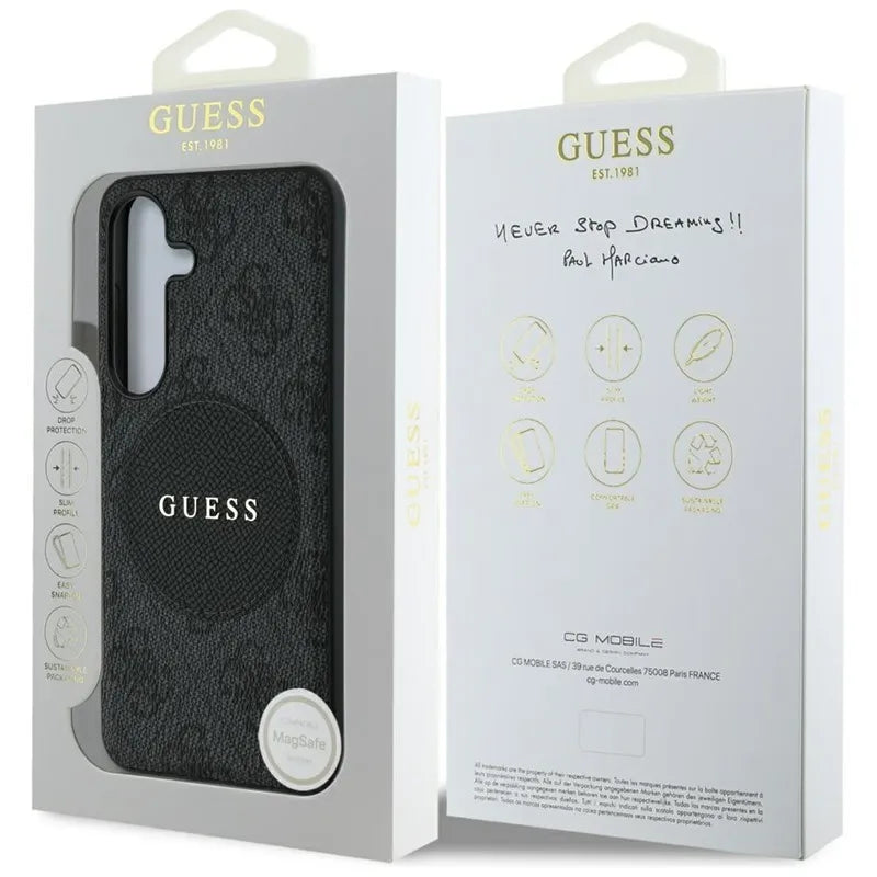 Guess 4G Round Patch Classic Logo MagSafe – dėklas Samsung Galaxy S25+ (juodas)
