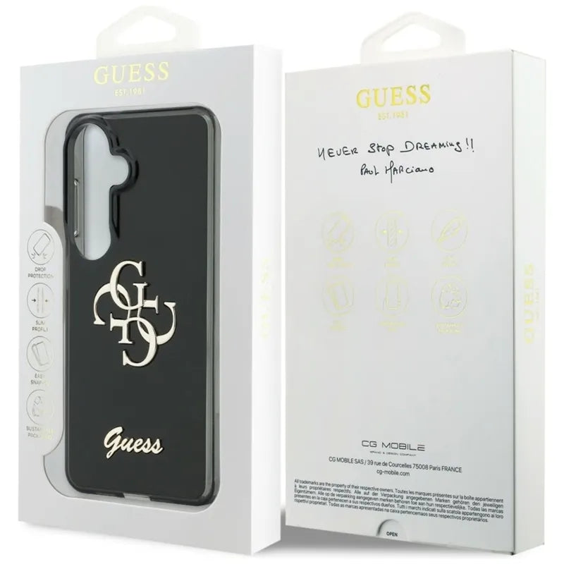 Guess IML Big Metal 4G Script – dėklas Samsung Galaxy S26 telefonui (juodas)