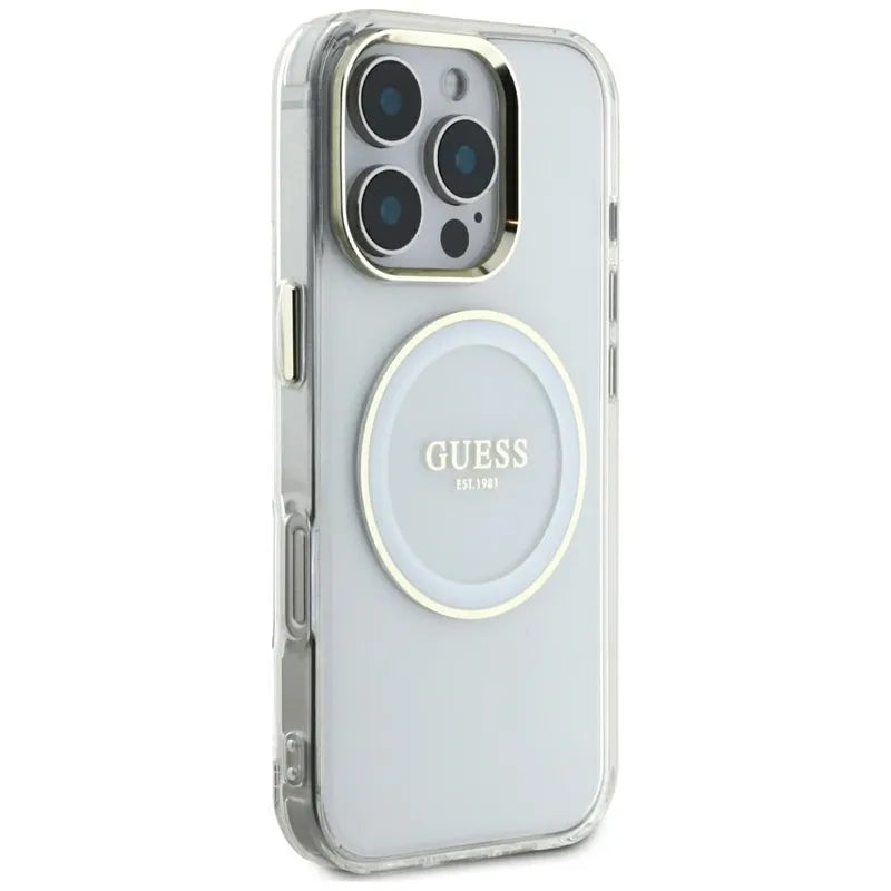 Guess IML Metal Colored Circle Classic Logo MagSafe – dėklas iPhone 16 Pro Max (baltas)