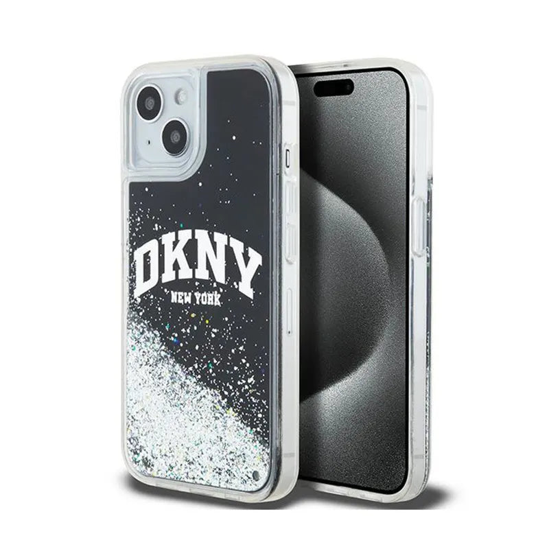 DKNY Liquid Glitter Big Logo – Dėklas, skirtas iPhone 15 / 14 / 13 (juodas)