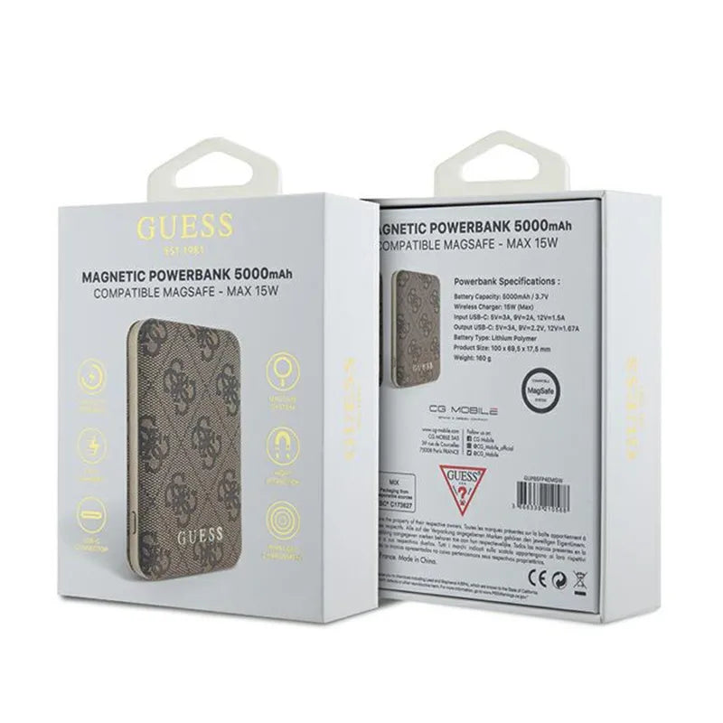 Guess 4G Leather Metal Logo MagSafe - indukcinė išorinė baterija 5000 mAh 15W MagSafe (ruda)