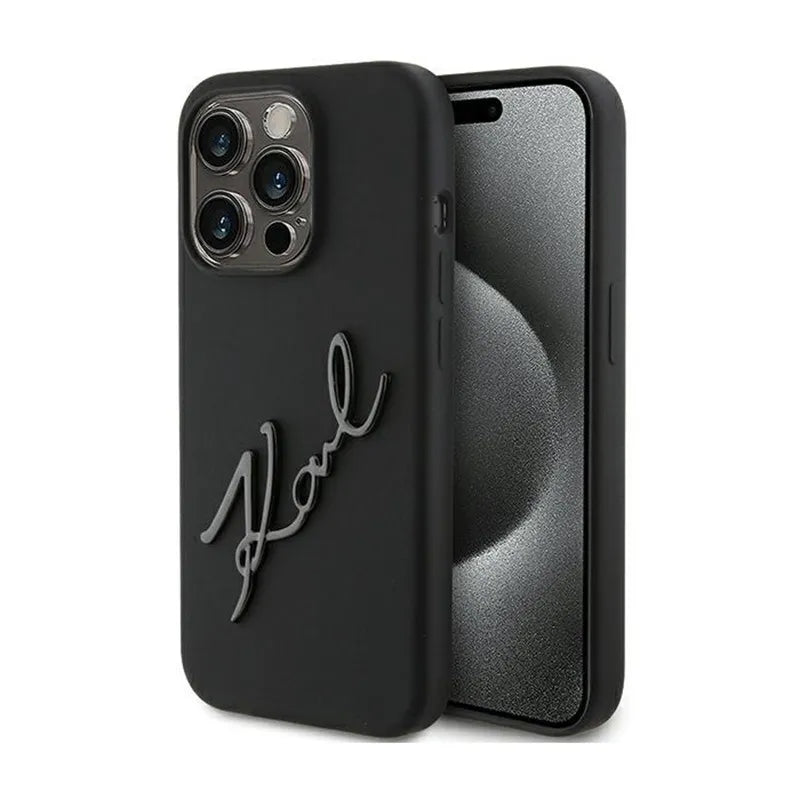Karl Lagerfeld Silicone Karl Script - dėklas, skirtas iPhone 15 Pro (juodas)