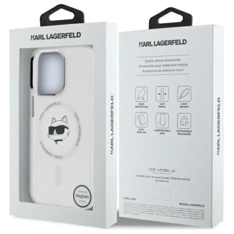 Karl Lagerfeld IML Metal Choupette Head MagSafe – dėklas iPhone 14 Pro (baltas)