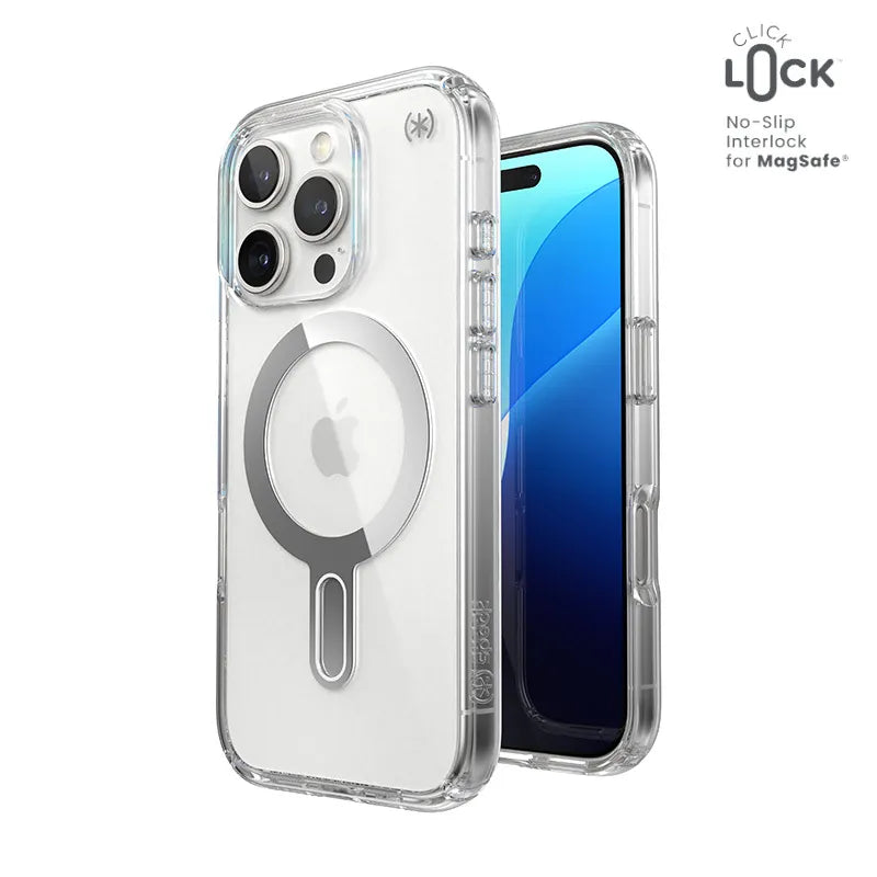 Speck Presidio Perfect-Clear ClickLock & MagSafe dėklas - iPhone 16 Pro (skaidrus / chromo apdaila / Serene Silver)