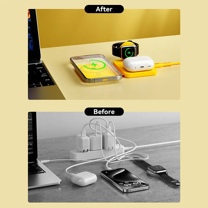 WEKOME WP-U172 – 3-in-1 belaidis įkroviklis su „MagSafe“, skirtas „iPhone“, „Apple Watch“ ir „AirPods“ + veidrodis (geltonas)