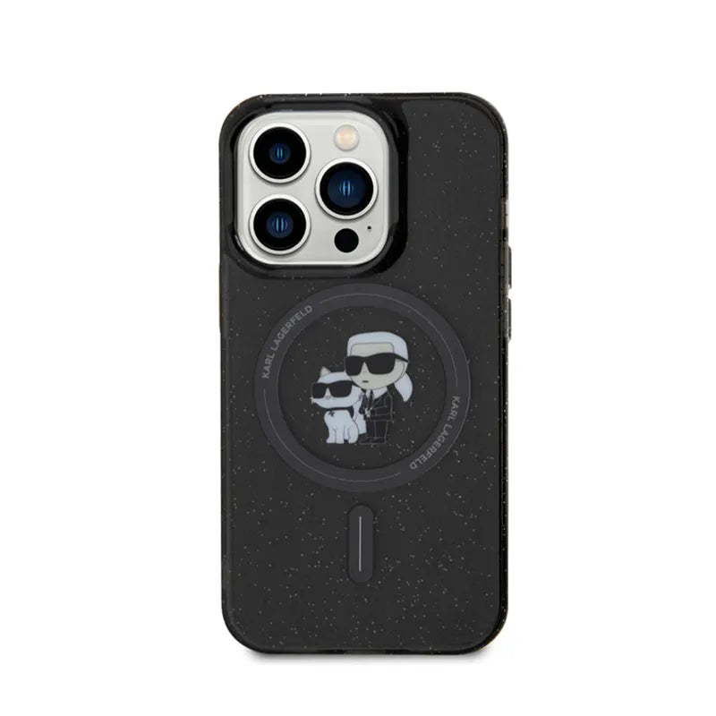 Karl Lagerfeld Karl & Choupette Glitter Magsafe – dėklas iPhone 15 Pro (juodas)
