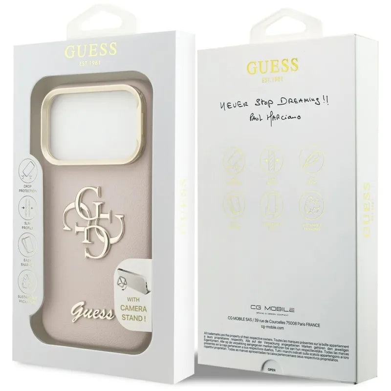 Guess Grained Big 4G & Stand Camera – dėklas iPhone 17 Pro (rožinis)