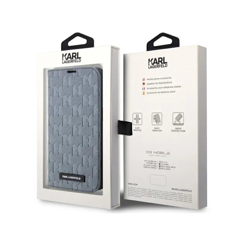 Karl Lagerfeld Booktype Saffiano Monogram – dėklas iPhone 14 Pro (pilkas)