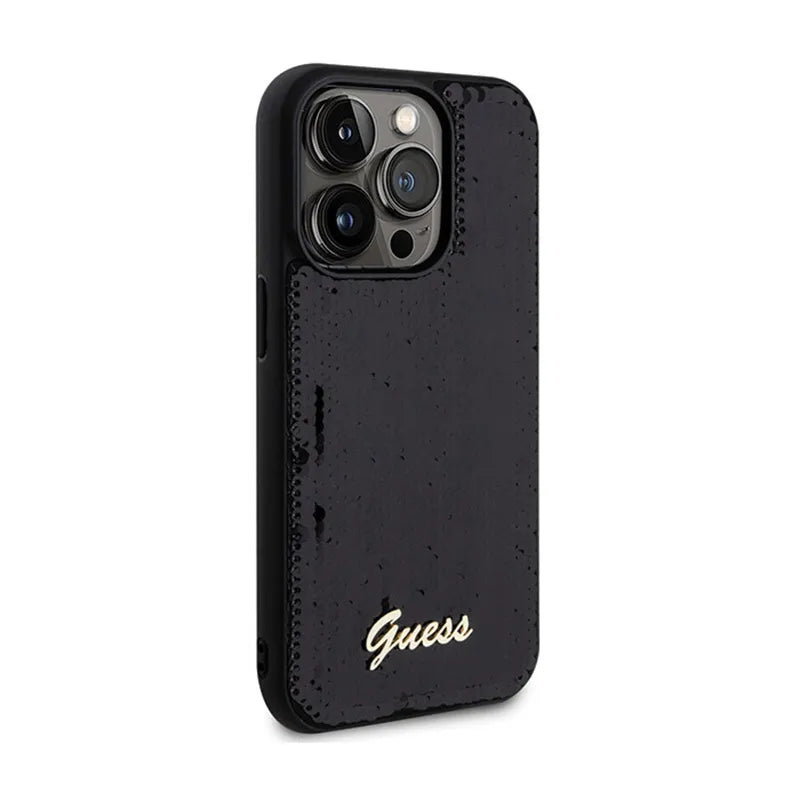 Guess Sequin Script Metal dėklas, skirtas iPhone 13 Pro Max (juodas)