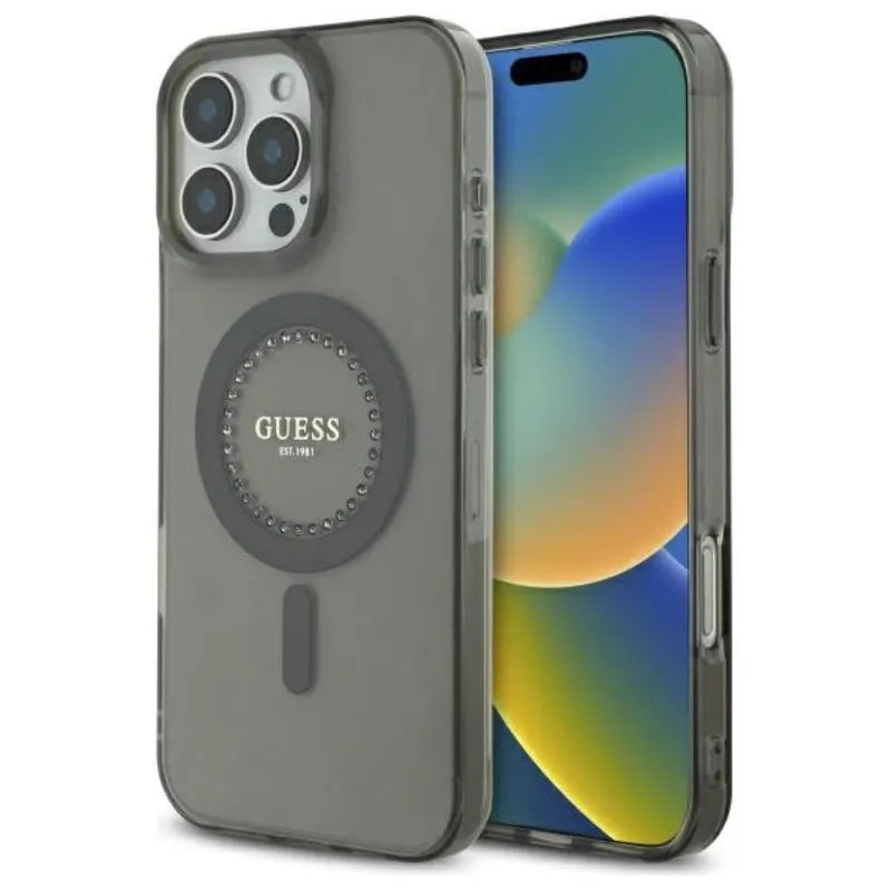 Guess IML Rhinestones MagSafe – dėklas iPhone 16 Pro Max (juodas)