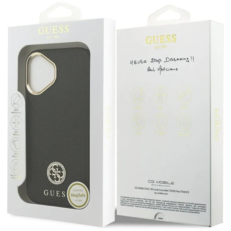 Guess Grained Strass Logo MagSafe – dėklas iPhone 17 (juodas)