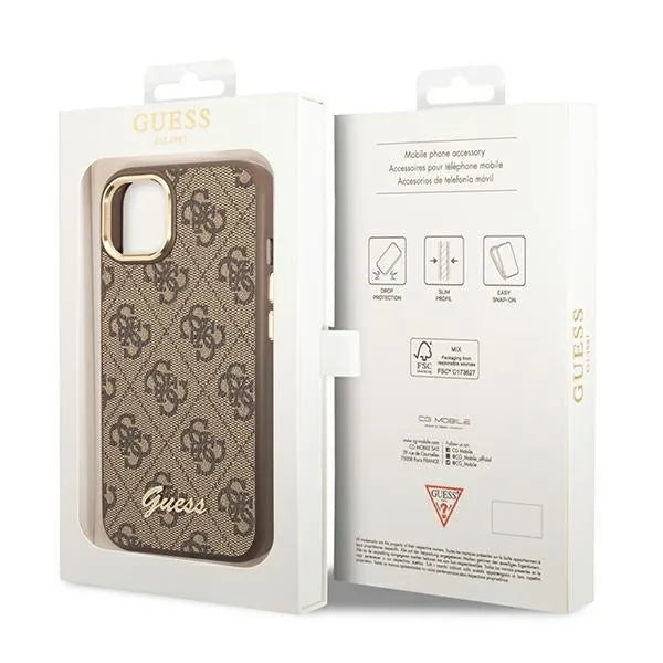 Guess 4G Metal Camera Outline dėklas – dėklas iPhone 14 Plus telefonui (rudas)