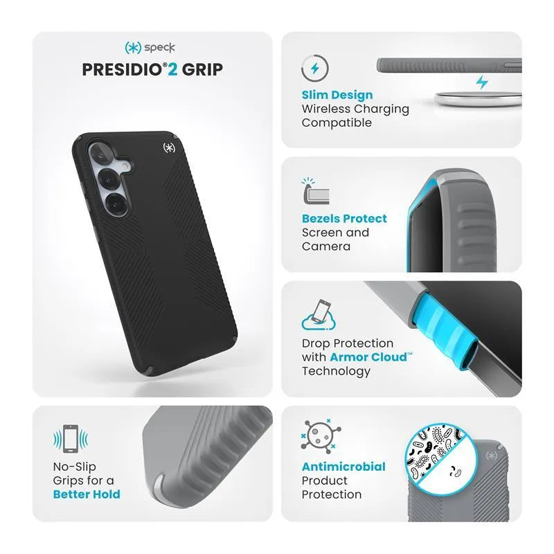 Speck Presidio2 Grip – Dėklas, skirtas Samsung Galaxy S25+ / 24+ (Juodas/Pilkas/Baltas)
