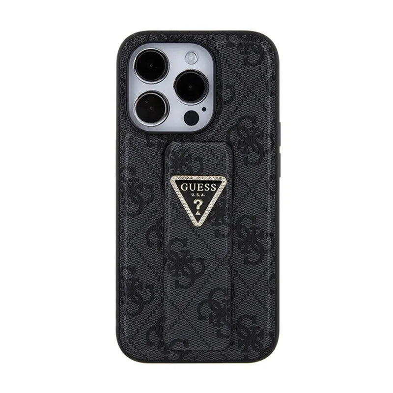 Guess Grip Stand 4G Triangle Strass Logo – dėklas iPhone 15 Pro Max (juodas)